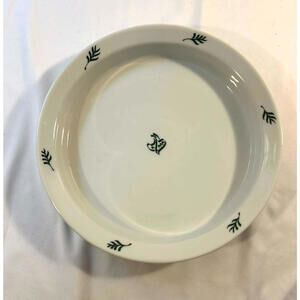 Vintage White Ceramic Dinner Plate Green Leaf Motif Minimalist Farmhouse